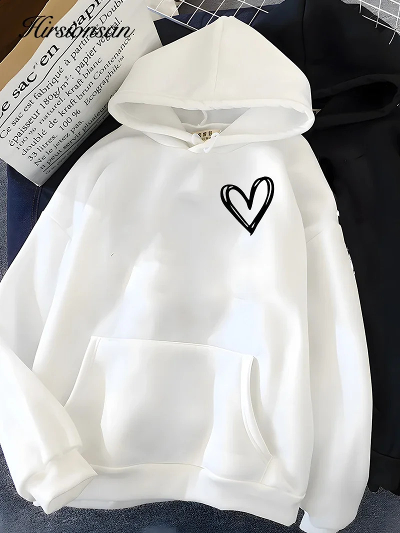 Hirsionsan Simplic Heart Print Women Sweatshirt Soft Casual Loose Vintage Female Hoodies Winter Warm Fleece Student Tops 240824