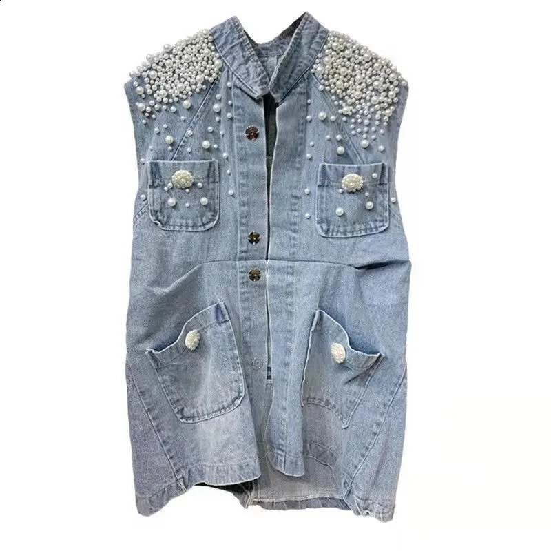 Womens Denim Vest Coat Pearl Denim Waistcoat Korean Fashion Cardigan Jacket Loose Pearl Button Vest Sleeveless Jacket 240824