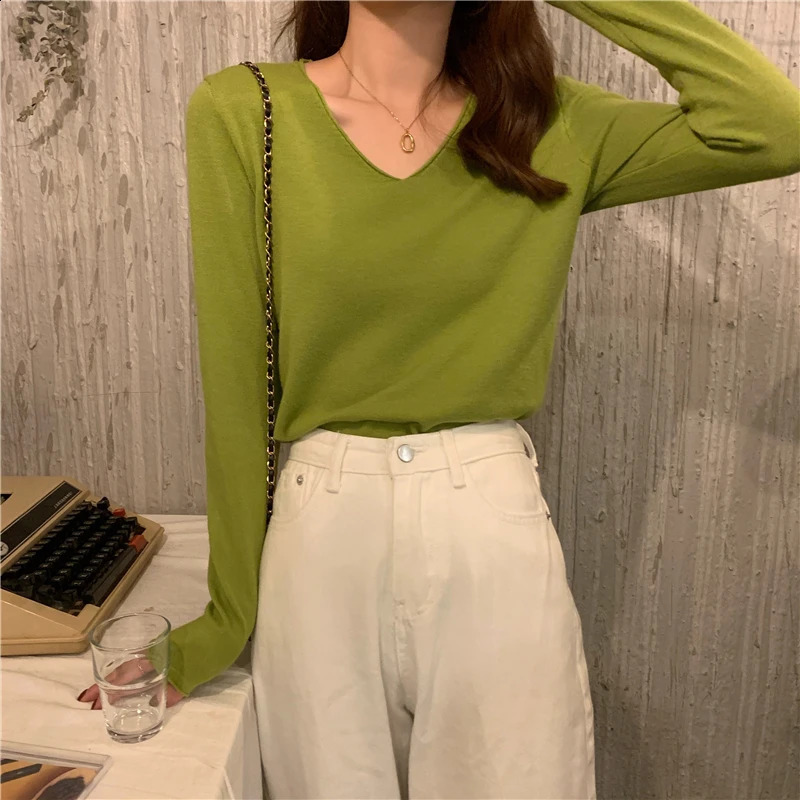 V-neck Sweater for Women Pullovers Long Sleeve Regular-fit Plain Jumper Knitwear Teen- Fall Winter Basic Outfit 240824
