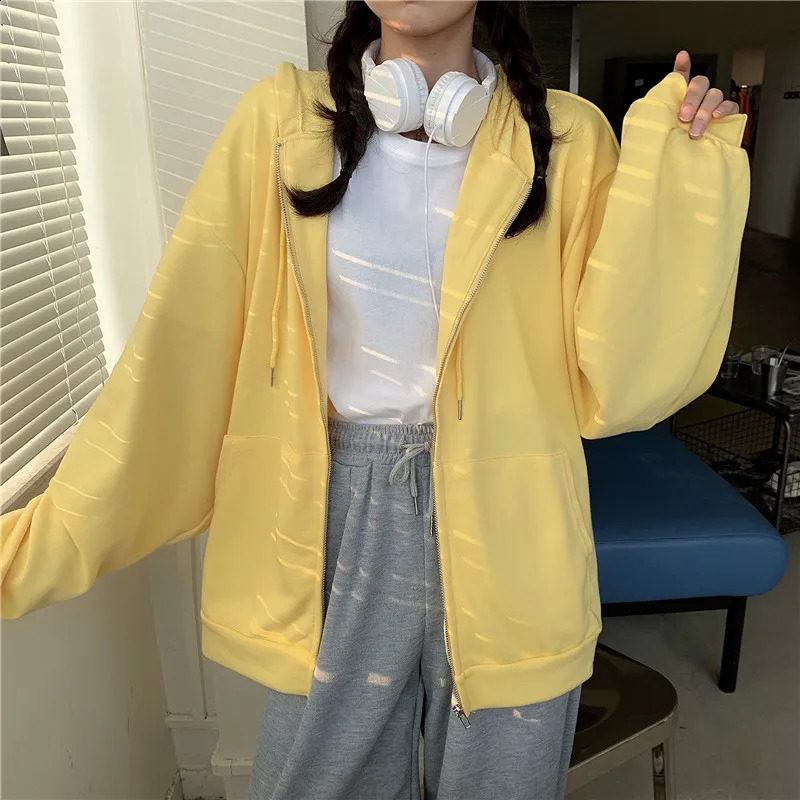 Hoodie Women Fashion Zipper Hooded All-match Korean Style Loose Hoodies Students Casual Sweatshirts 240824