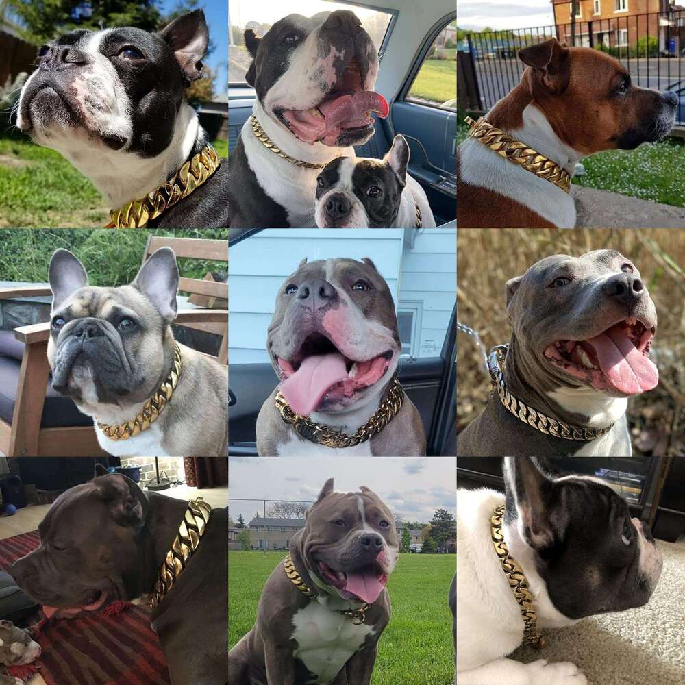 32mm Wide Chain Collars Heavy Strong Stainless Steel Choker Pitbull Gold Dog Necklace For Large Dogs 18K gold-plated Cuban link chain dog collar pet c
