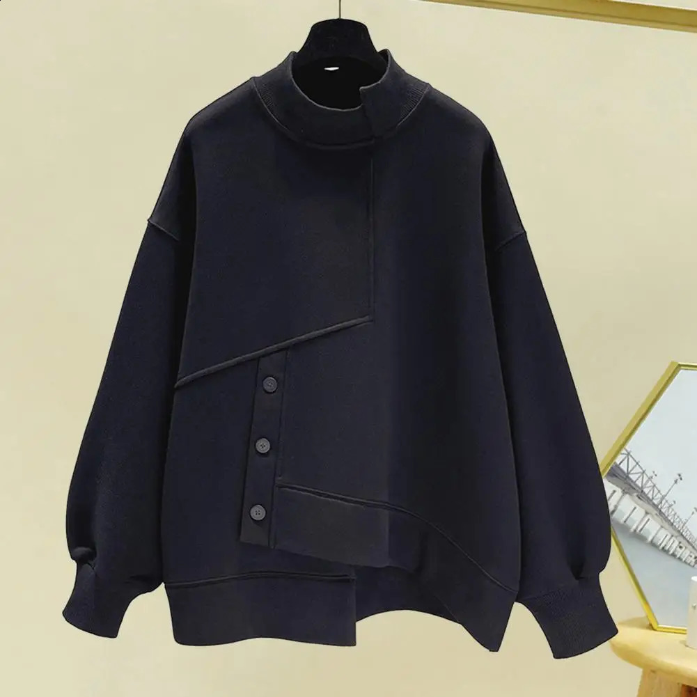 Women Autumn Winter Solid Sweatshirt Half High Collar Long Sleeve Irregular Hem Pullover Tops Buttons Decor Tops Streetwear 240824