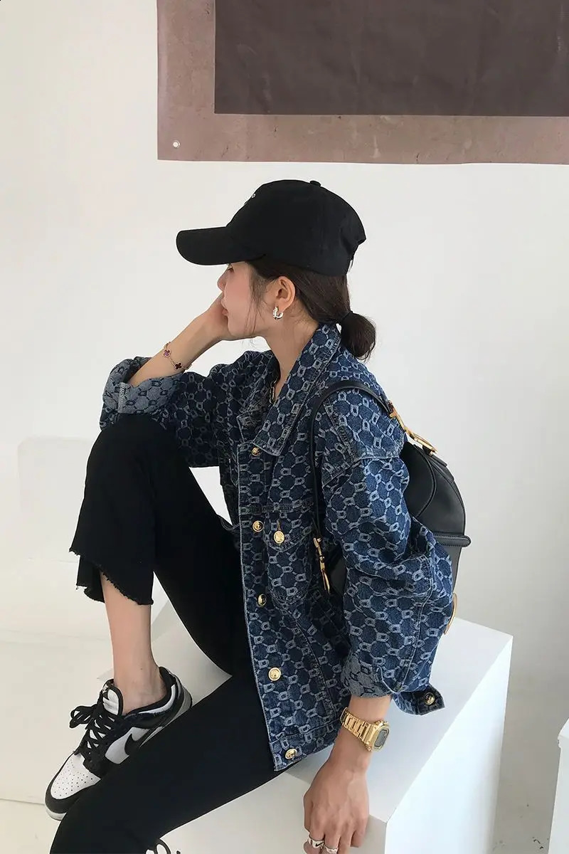 Women Vintage Loose Long Sleeve Print Cotton Jean Jackets Spring Fall Female Casual Blue Denim Jacket Coats Streetwear Outwear 240824