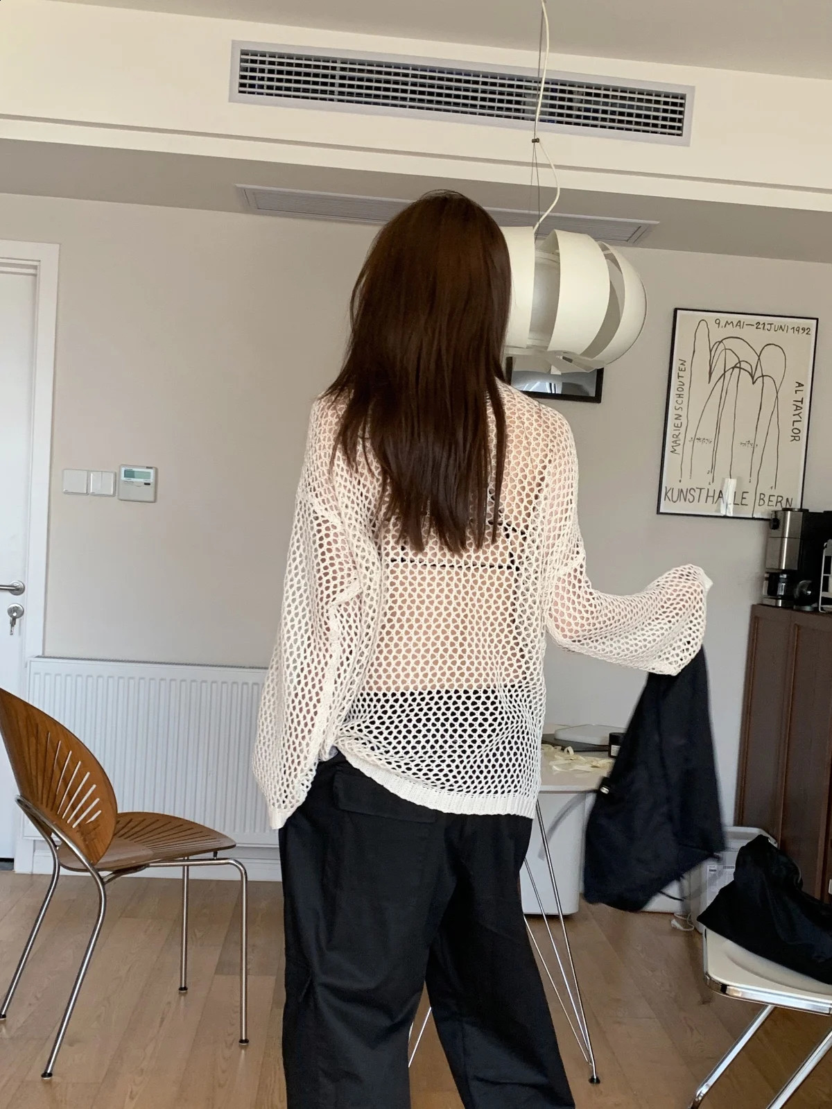 Loose Hollow Out Streetwear O-Neck Star Cover Up n Women Knitwear See Through Long Sleeve Casual Fashion Pullovers Tops 240824