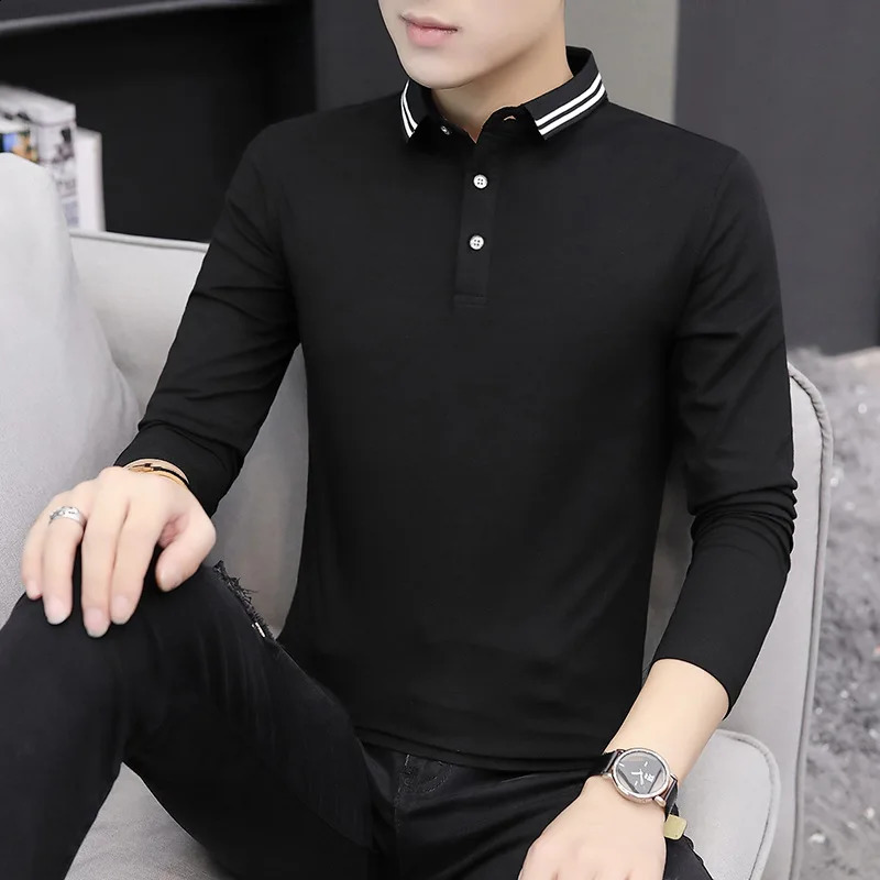 Spring and Autumn Long-sleeved Mens Polo Shirt Lapel T-shirt Korean Mens Collared Mens T-shirt Bottoming Shirt 240824