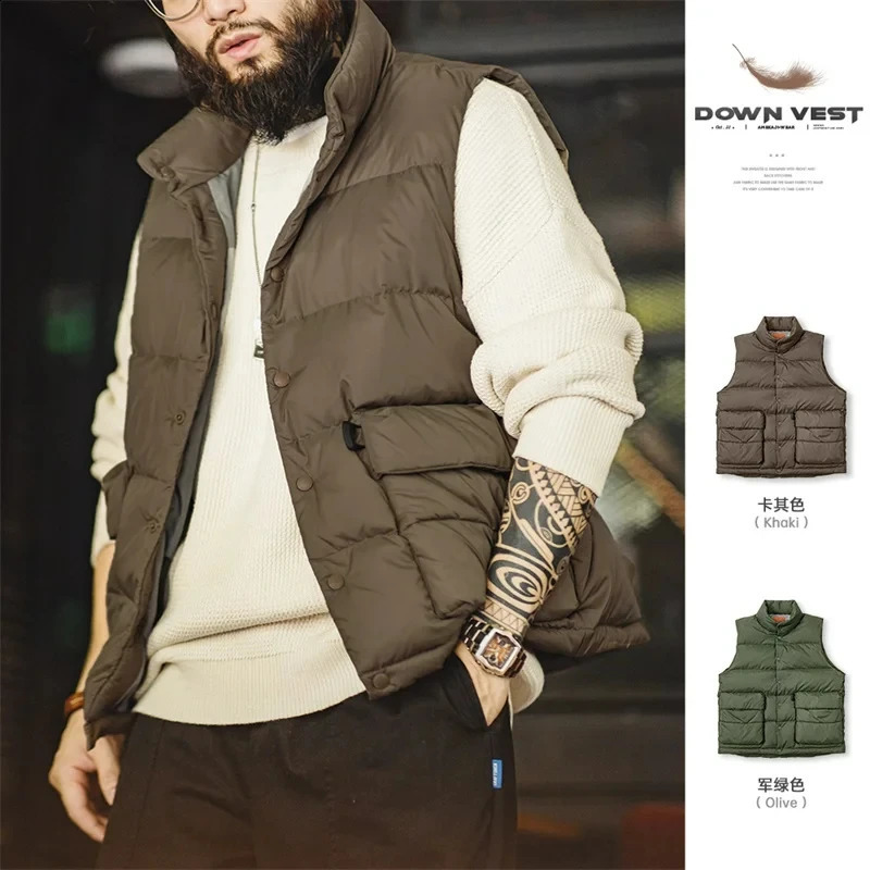Maden Mens 90% White Duck Down Waistcoat Casual Light Warm Standup Collar Vest Autumn Amekaji Oversize Thick Jacket 240824