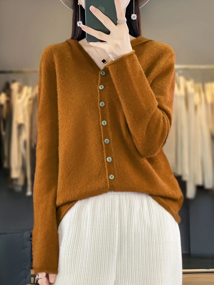 Addonee Spring Autumn Women 100% Merino Wool Hooded Sweater Cashmere Cardigan Hoodies Knittwear Basic Quality Clothing Tops 240824
