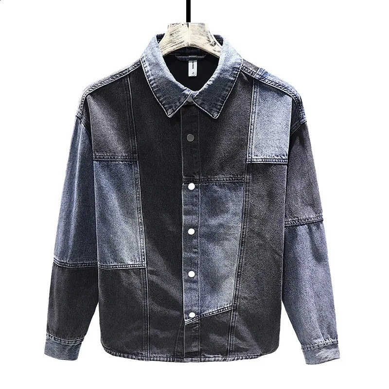 Retro patchwork mens fashionable denim jacket colorful contrasting pockets high street decals hiphop lapel clothing 240824