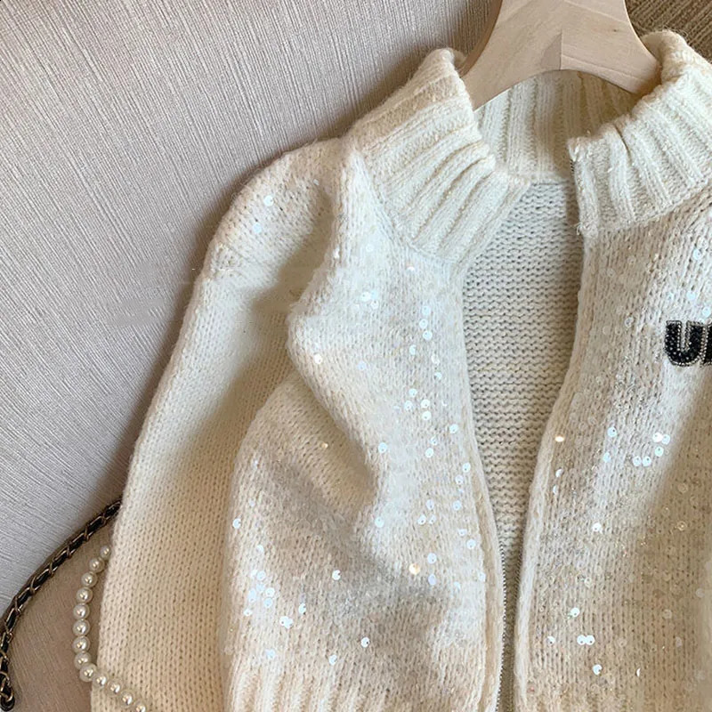 Fashion Sequin Knitwear Woman clothing Stand Collar Zipper Women Sweater Cardigan Long Sleeve Soft Sweater Coat Spring Autumn 240824