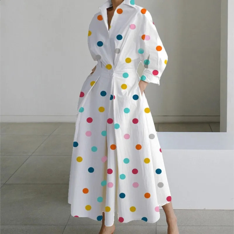 Autumn Women Fashionable Long Sleeved V-neck Printed Dress Ladies Elegant Polka Dot Print Pocket Patchwork Large Hem Dress 240824