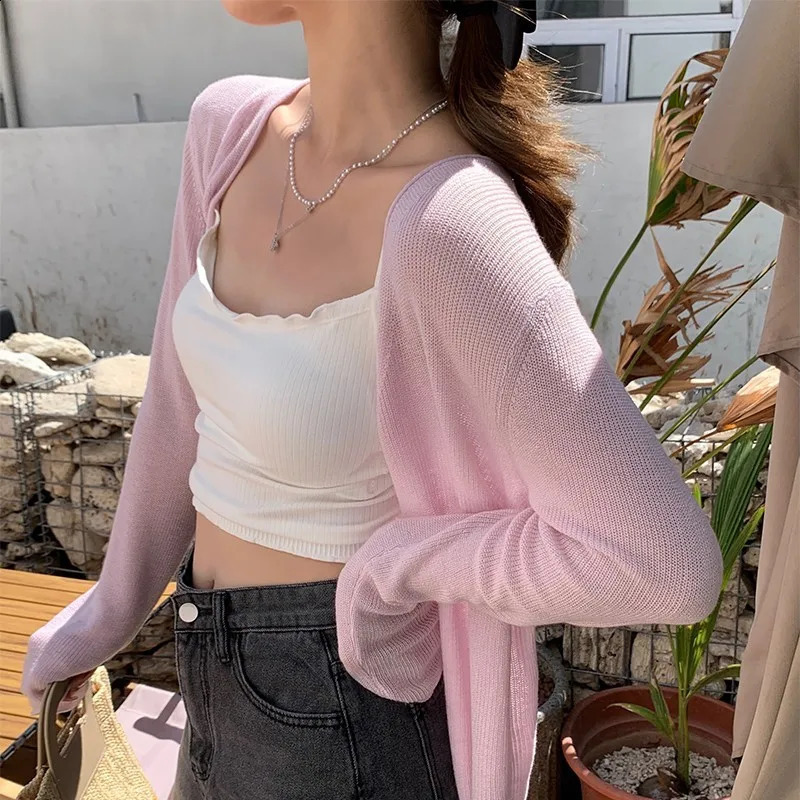 GAODINGLAN Summer Thin Knitted Cardigan Women Long Sleeve Ice Silk Sunscreen Shirt Female Solid Knitting Outwear Shawl Versatile 240824