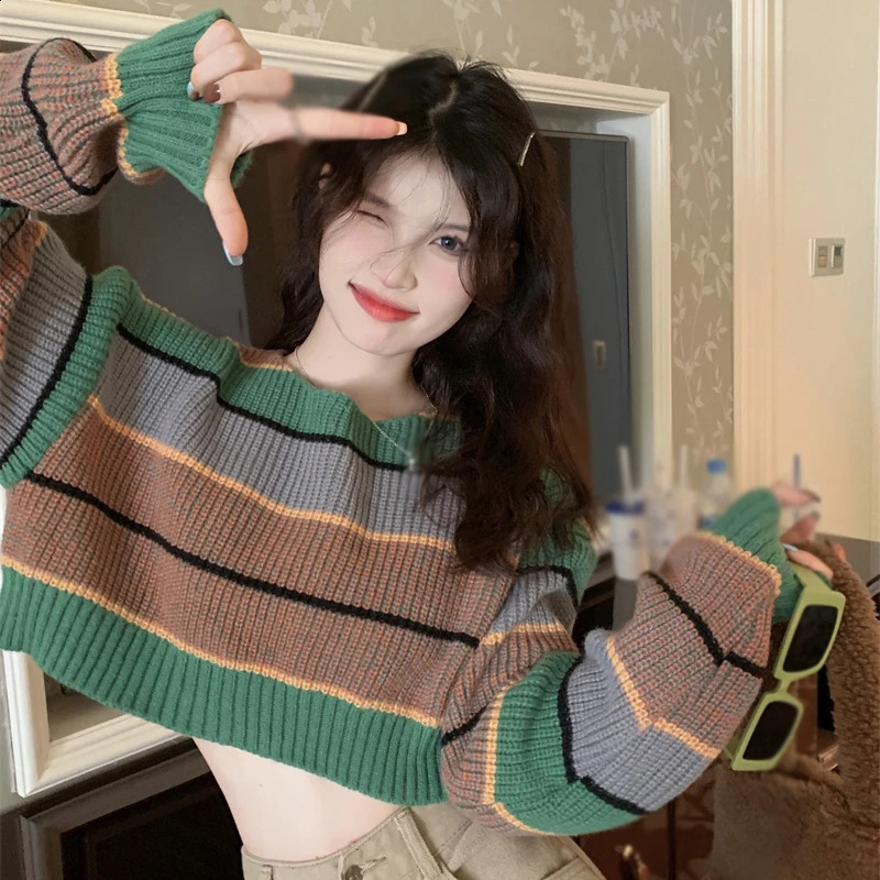 Striped long sleeved sweater for womens loose fitting and slimming outer wear knitted top 240824