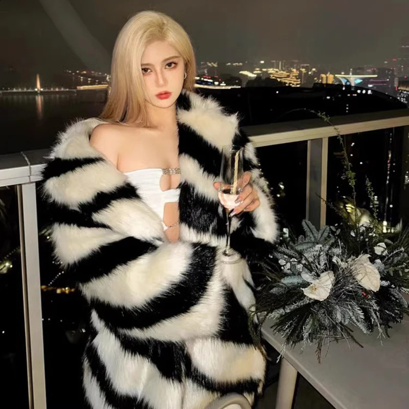 Womens spice sexy zebra fur coat fox medium long winter thick 240824