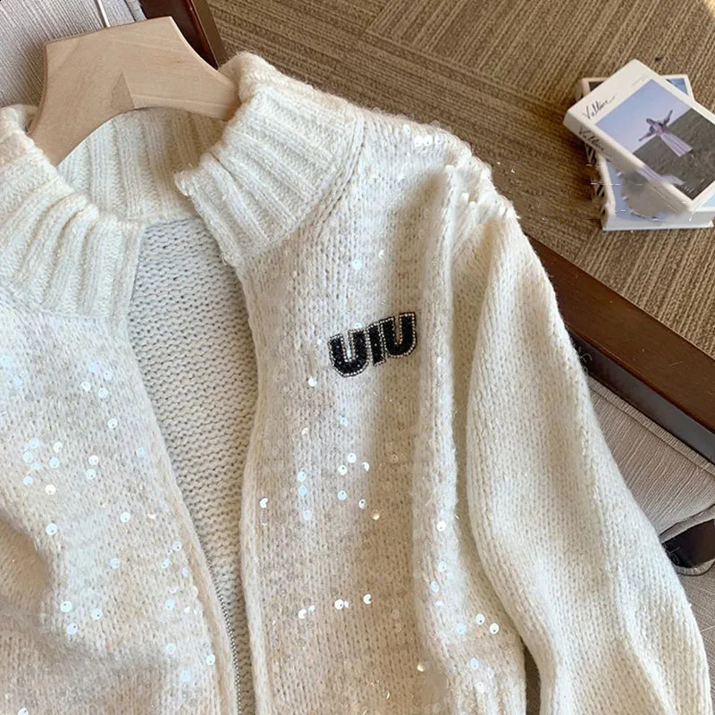 Fashion Sequin Knitwear Woman clothing Stand Collar Zipper Women Sweater Cardigan Long Sleeve Soft Sweater Coat Spring Autumn 240824