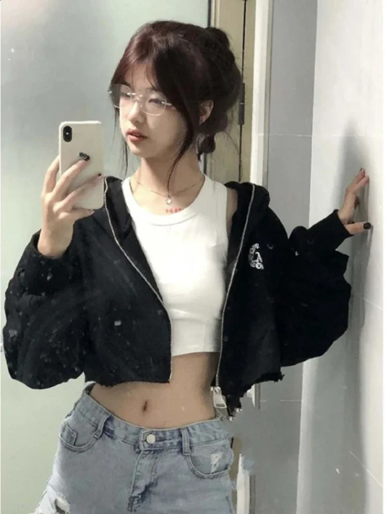 Streetwear Hoodies Women Harajuku Casual Hooded Zipper Jackets Crop Tops Ropa Mujer Casual Korean Fashion Y2k Sweatshirt 240824