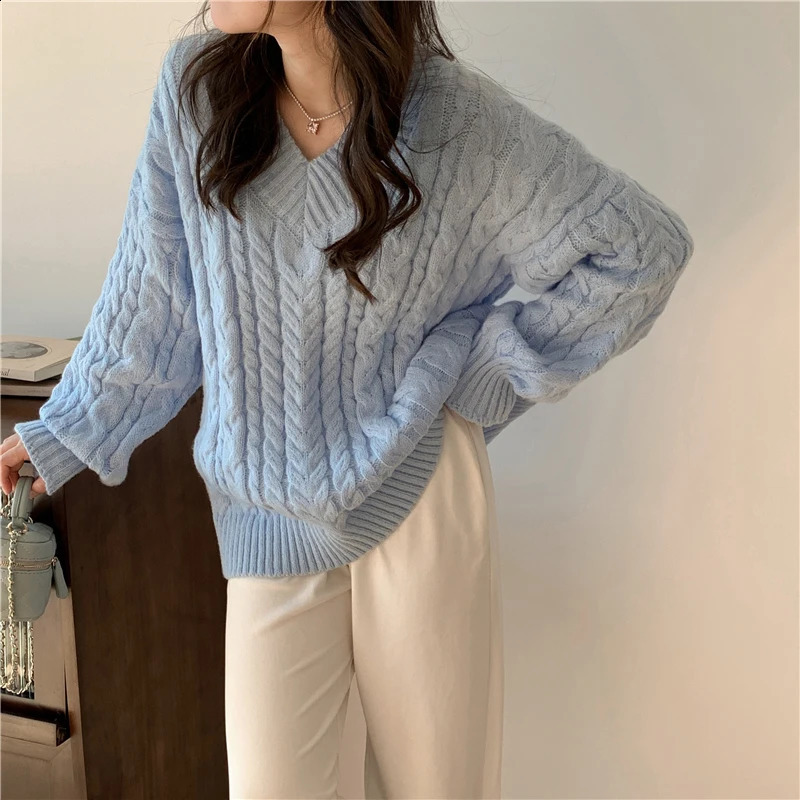 Solid Sweater Women Korean Fashion V Neck Knitted Pullovers Pink Long Sleeve Knitwear Winter Streetwear Casual Jumpers Tops 240824