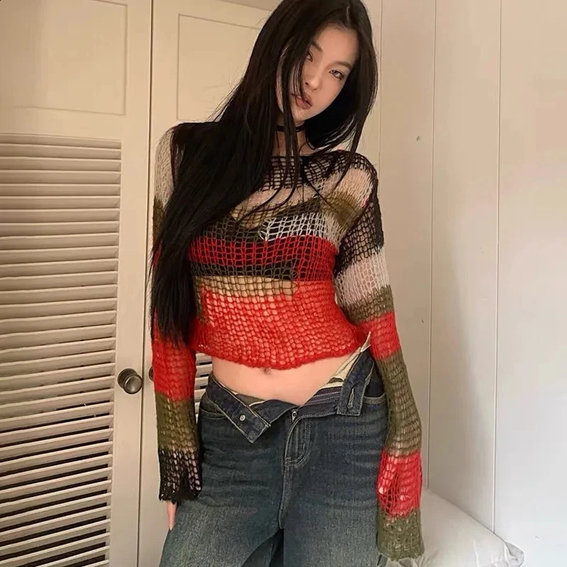 HOUZHOU Y2k Aesthetics Crop Knit Tops Vintage Grunge Hollow Out Jumpers Japanese 2000s Hole Pullover Korean Dongdaemun Knitwear 240824