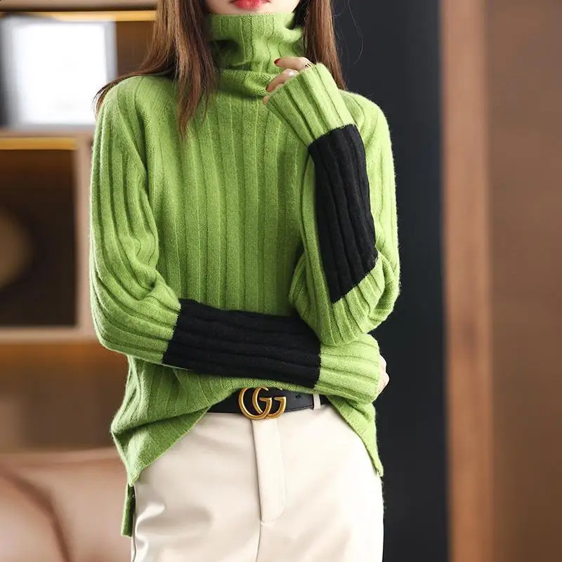 Autumn Simplicity Screw Thread Knitting Turtleneck Long Sleeve Pullovers Women Clothes Fashion Patchwork Warm Sweater Ladies 240824