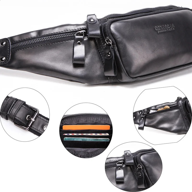 CONTACT genuine leather mens fanny pack casual phone bag mens travel cross body bag mens waist bag 240824