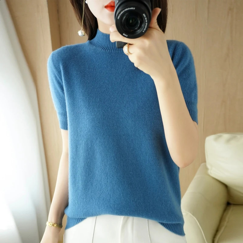 Spring Autumn Women Sweater Casual Warm Bottoming Shirts Mock Neck Basic Knitwear Short Sleeve Pullovers Korean Fashion Jumper 240824