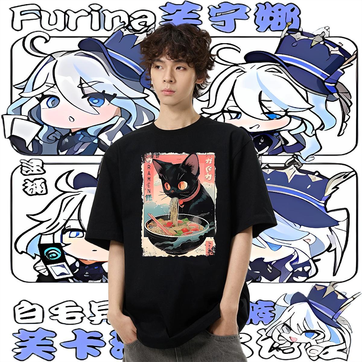 Factory Direct Men Tshirts The cat eats ramen noodles Spring Summer 230g 100% Cotton Clothings Breathable Short Sleeve Comfortable Men T Shirts Anime 