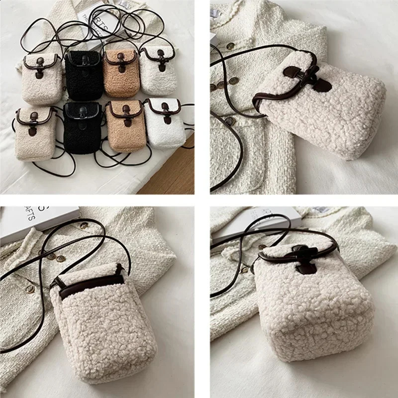Winter Lambswool Phone Bag Women Faux Fur Shoulder Bags Sweet Lovely Portable Wallets Female Plush Crossbody Bag Square Purse 240824