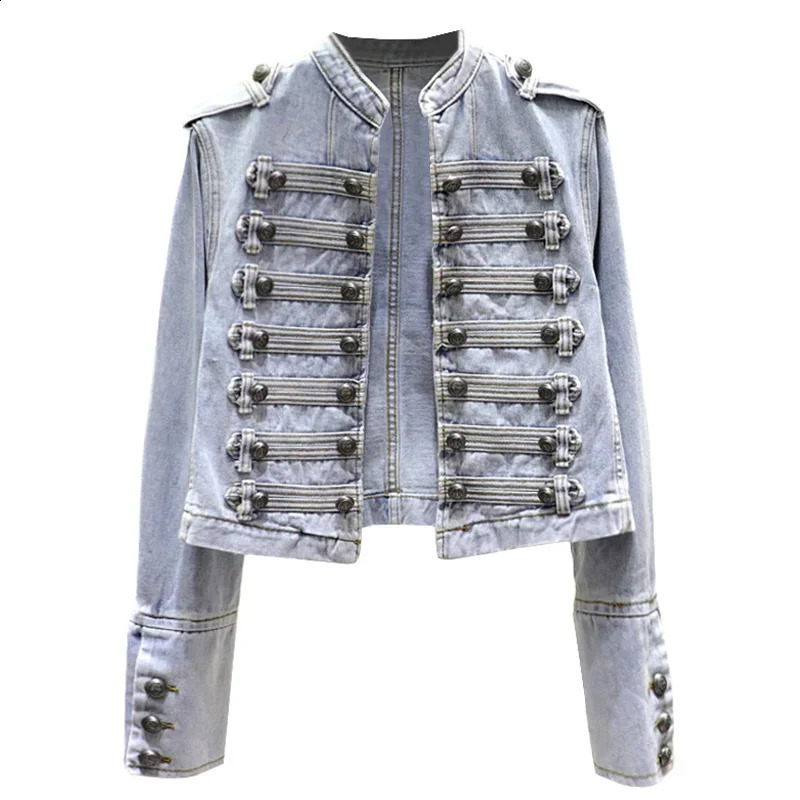 Retro Military Style Handsome Stand Collar Denim Jackets Female Double-breasted Wild Slim Short Denim Jackets Women Outerwear 240824