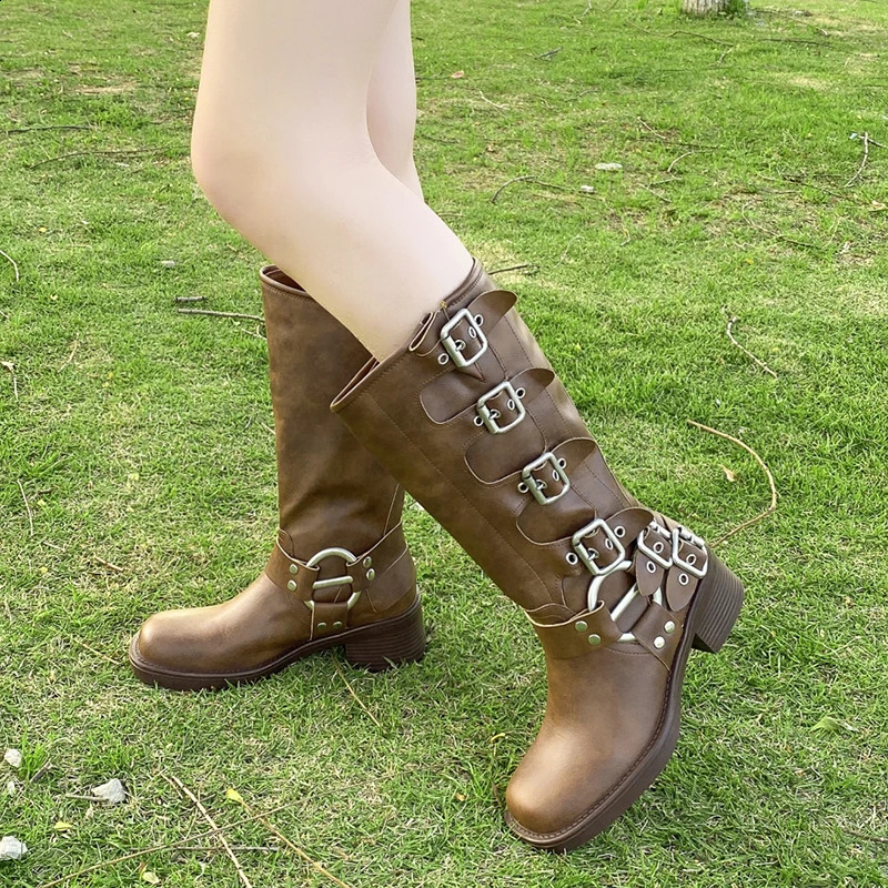 Metal buckle square toe knee high boots womens black PU leather punk boots womens autumn thick boots motorcycle boots 240823