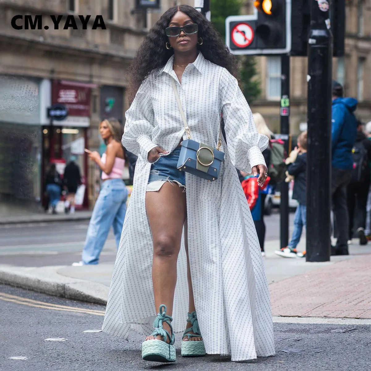 CM.YAYA retro plus size womens single chest long sleeved shirt dress autumn street fashion long skirt vest 240824