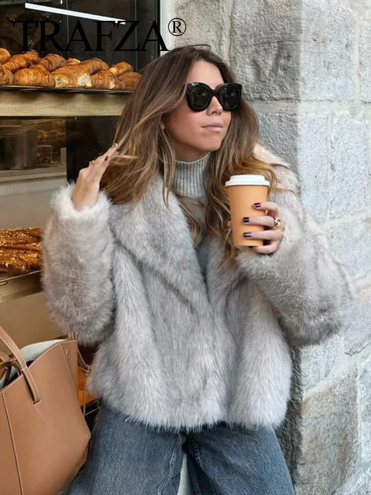 TRAFZA womens faux fur leather jacket casual loose long sleeved lapel warm winter fashion fashionable streetwear Jakcets 240824