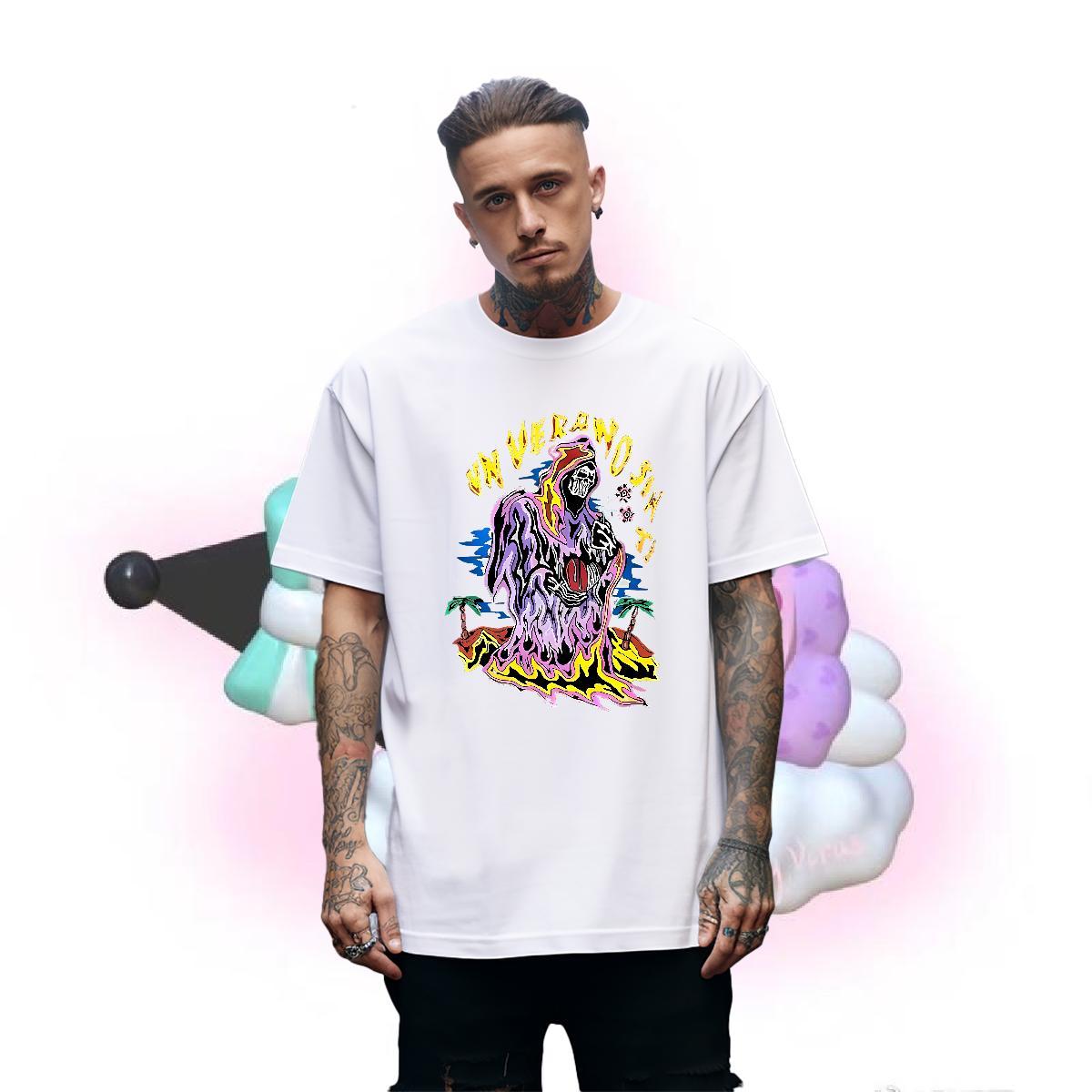Wholesale T-Shirts 230g Pure Cotton skull Home Outdoor Anime O Neck Short Sleeves Men Clothes T-Shirt Classic Casual Tops Tees