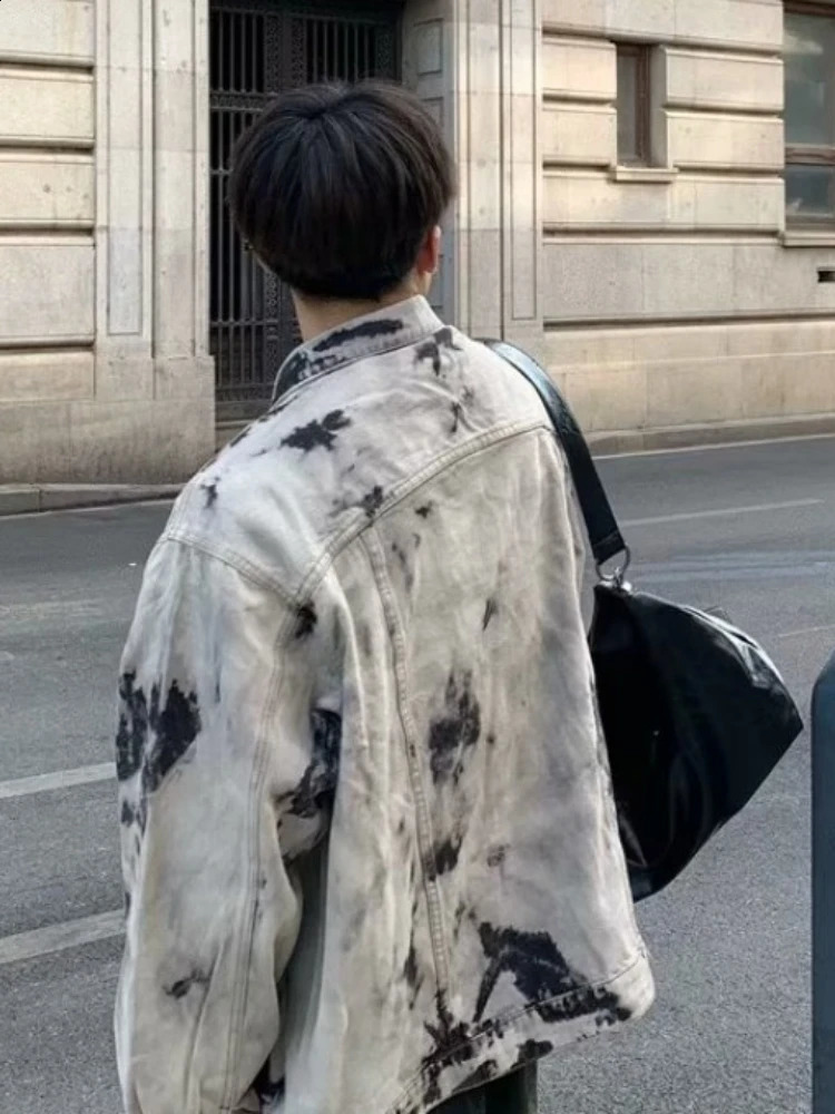 Tie dye denim jacket mens personalized streetwear cool and chic hiphop style fashionable highend loose comfortable European 240824