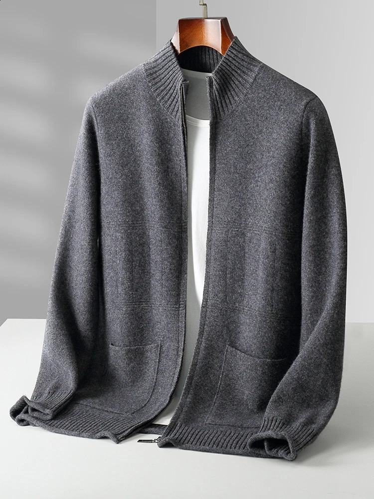 Mens Cashmere Sweater Mock Neck Zippers Cardigan Autumn Winter Thick Soft Coat 100 Merino Wool Knitwear Smart Casual Clothing 240824