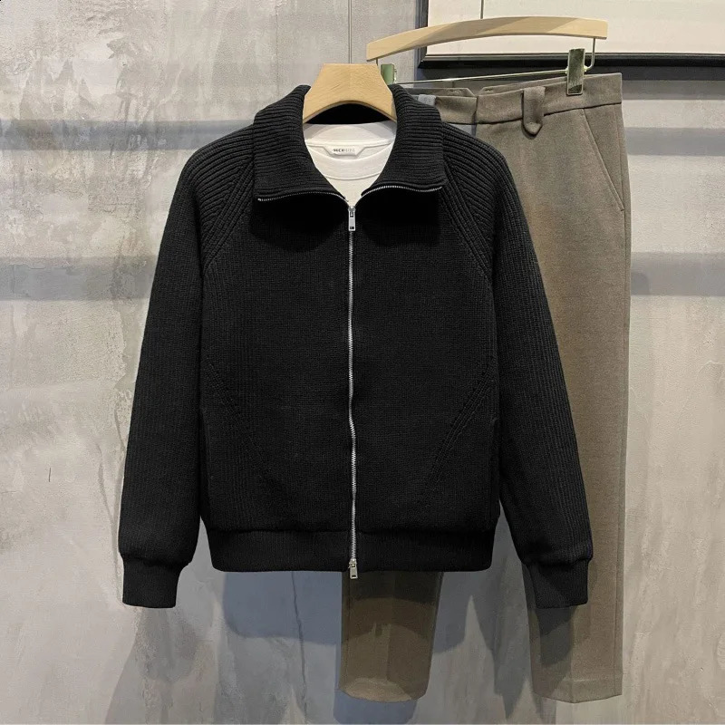 Mens clothing black collar jacket cardigan sweater mens knitted zipper largesized oldfashioned Korean style top 240824