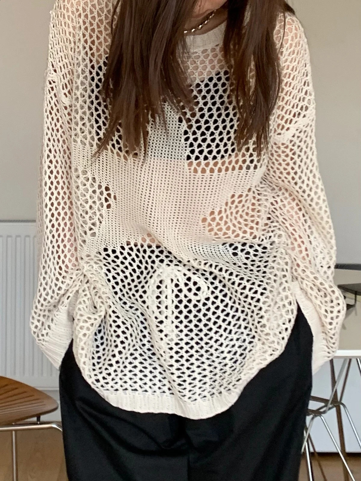 Loose Hollow Out Streetwear O-Neck Star Cover Up n Women Knitwear See Through Long Sleeve Casual Fashion Pullovers Tops 240824