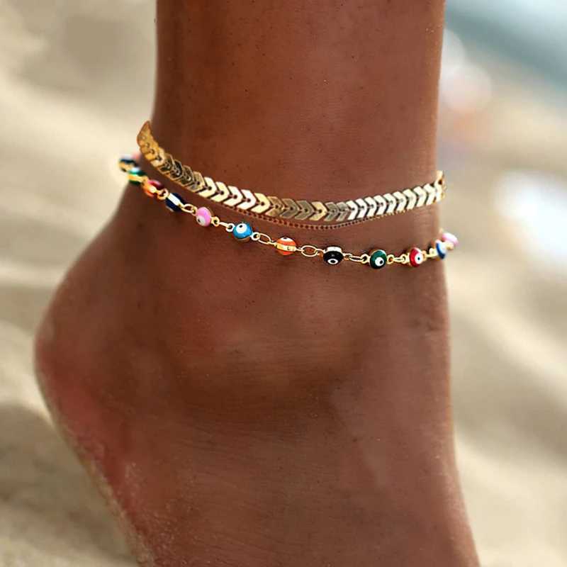 Bohemian Colorful Turkish Eyes Anklets for Women Butterfly Flower Zircon Shell Cat Ankle Bracelet Summer Beach Foot Leg Jewelry Y240920