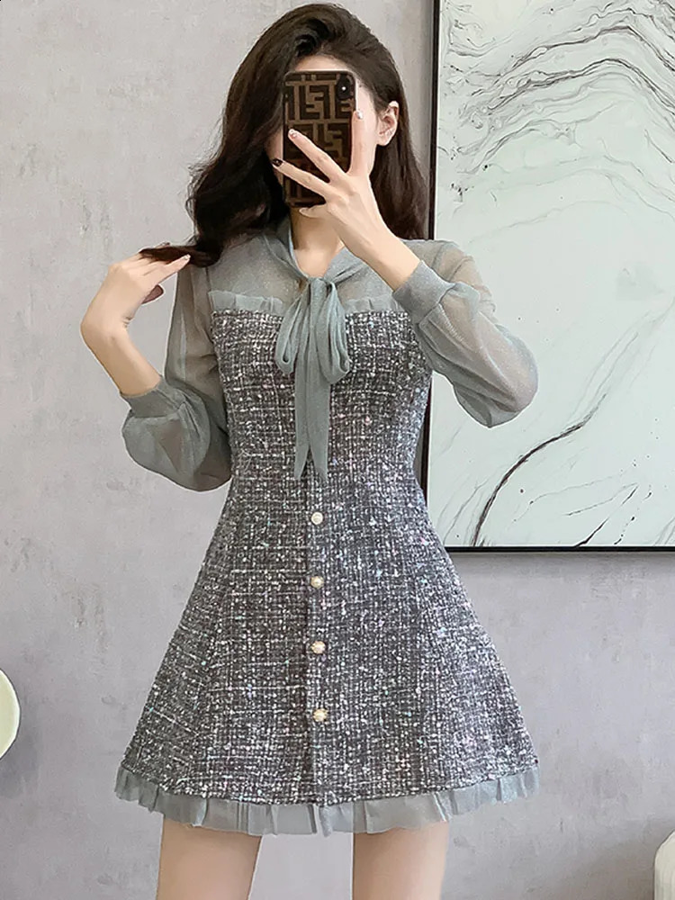 Korean Small Fragrant Tweed Dress Sweet Tie Long Sleeve Patchwork Single Breasted Casual Dresses Vintage Clothes For Woman 240824