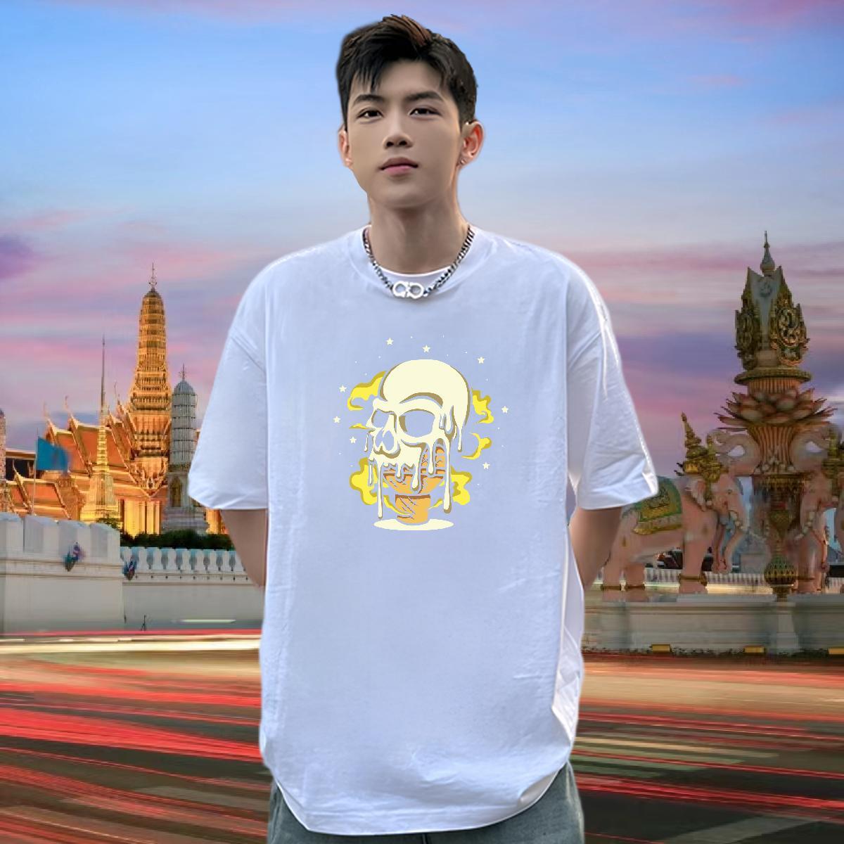 Loose T Shirt For Man 100% Cotton 230g skull Anime Printing Street Oversized 4XL Breathable Men Tshirts Casual New Polos