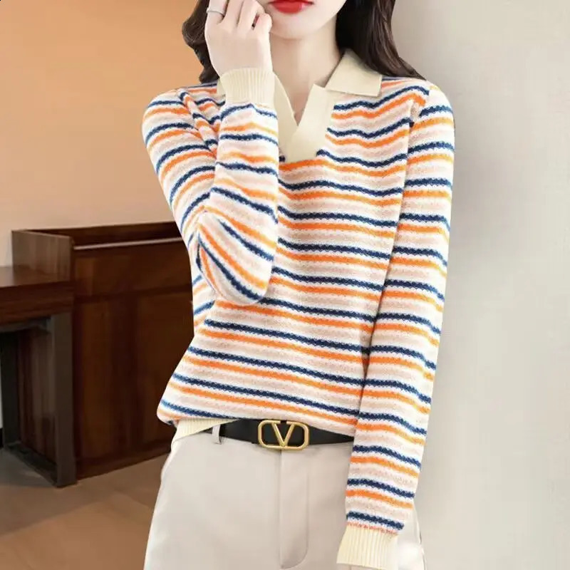 Korean Women Clothing Fashion Bottoming Stripe Sweaters Spring Autumn Long Sleeve Casual All-match V-Neck Knitted Pullovers Tops 240824