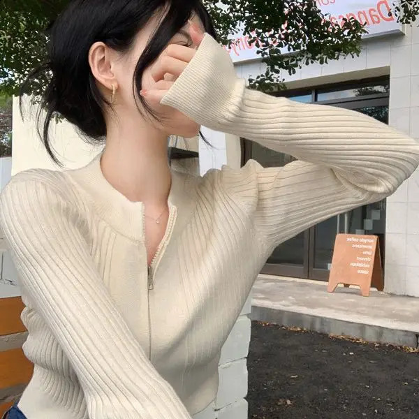 Womens Cardigan Knitted Sweater Double Headed Zipper Long Sleeved Short High Quality Trendy Knitwear Coat Top 240824