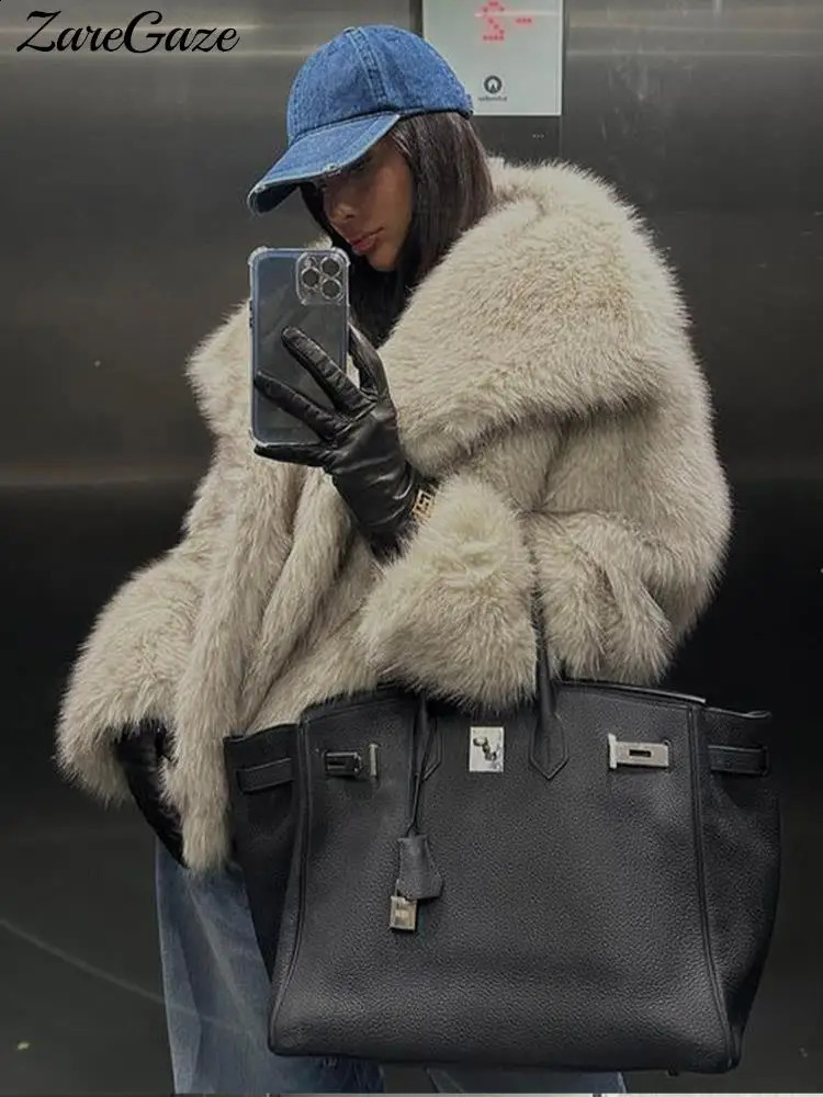 Womens loose long sleeved fluffy warm coat with artificial fur collar womens winter y fashion street clothing 240824