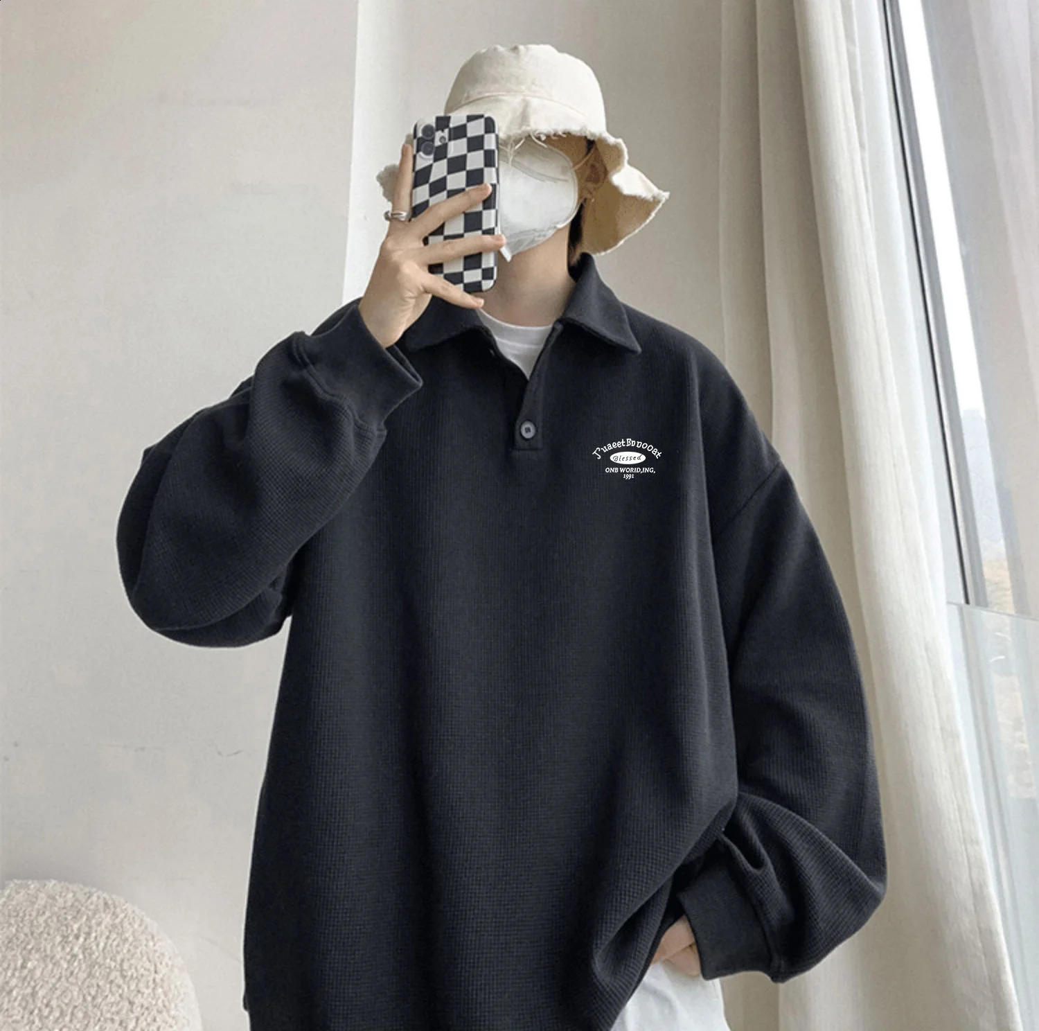 Long Sleeved Polo Shirt American Retro Pullover Collared Sweatshirt Gray Minimalist Men Spring Autumn Loose Fitting Clothing 240824