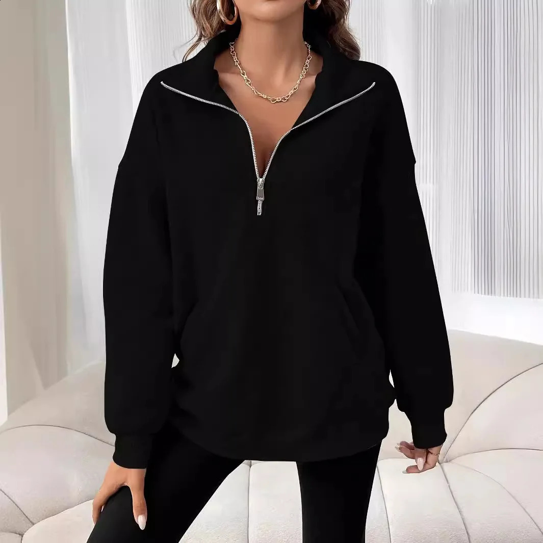 grey Autumn Winter Womens Hoodies Solid Color Loose Short Half Zip Pockets Thumb Hole Long Sleeve Pullover Sweatshirts hoody 240824