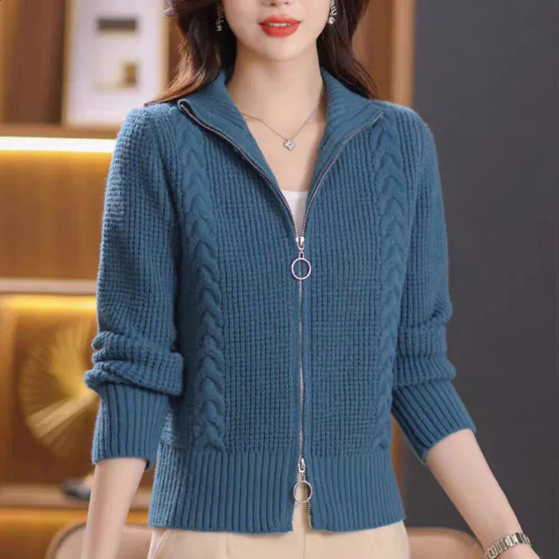 Women Clothing Vintage Stand Collar Knitwear Fashion Loose Double Zipper Long Sleeved Knitted Cardigan Sweater Autumn Winter Top 240824