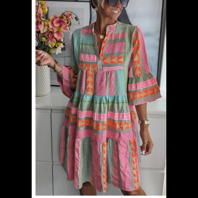 Womens Sexy V-neck Ruffled Bohemian Mini Dress Spring Vintage Print A-line Holiday Casual Autumn 3/4 Flared Sleeves Dresses 240824