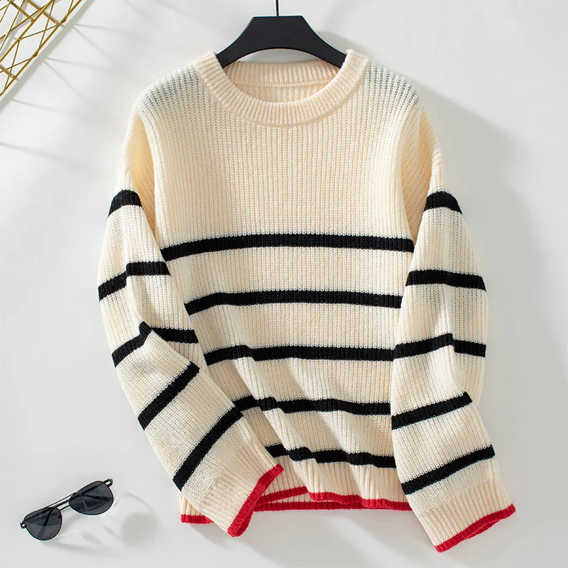 In Striped Pullovers O-neck Long Sleeve Knitted Sweater Women Autumn Winter Fashion Casual Knitwear Jumpers 240824