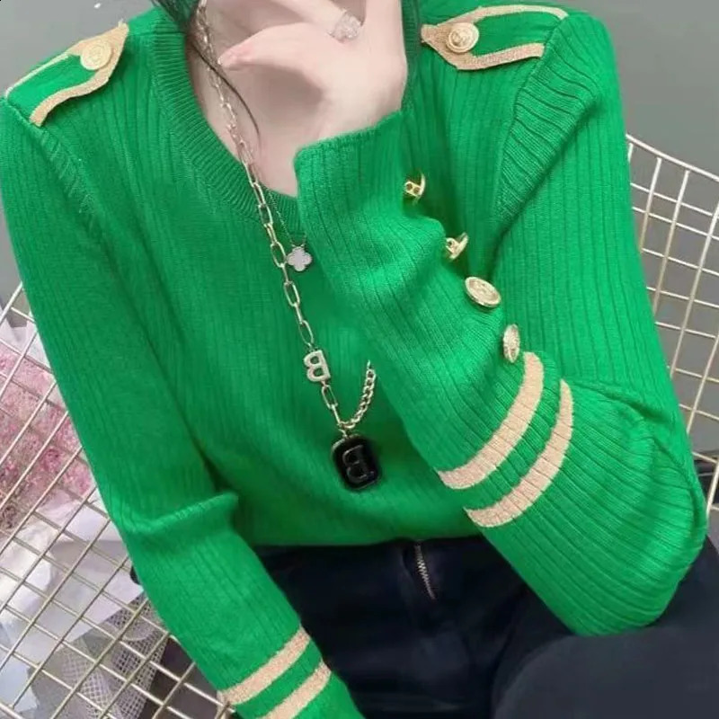 Autumn Winter Korean Commute Solid Color Knitted Tops for Female Fashion All-match Button Spliced Sweaters Womens Clothing 240824