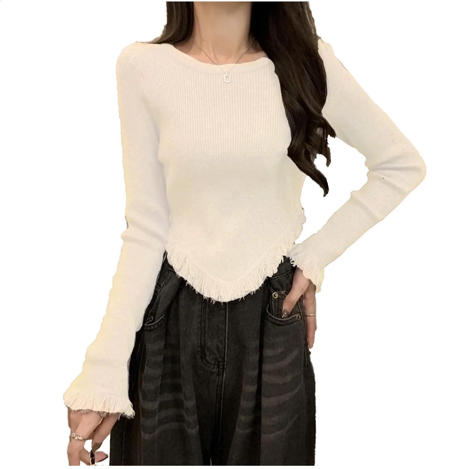 irregular Korean Style Knitted Sweater pullover Tassel T Shirt Women Long Sleeve Shirt Y2k Vintage Streetwear E Crop Tops 240824