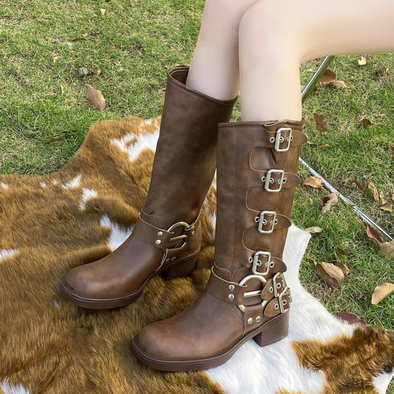 Metal buckle square toe knee high boots womens black PU leather punk boots womens autumn thick boots motorcycle boots 240823