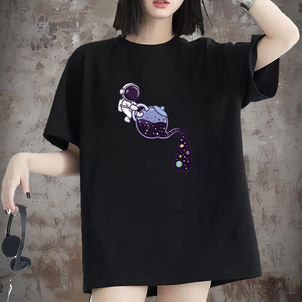 Nice Womens Tshirts 230g Cotton universe Sport T shirt Breathable Crew Neck Cartoon Printing L-4XL Top Shirts